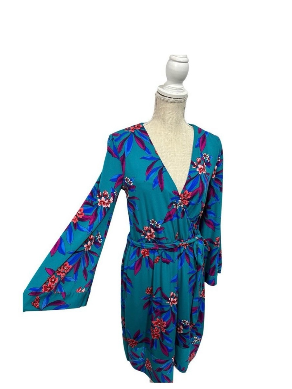 Calvin Klein Teal Floral Dress with Pink and Blue Accents